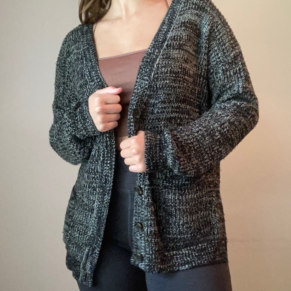 Marbled Dark Gray Knit Longline Button Cardigan